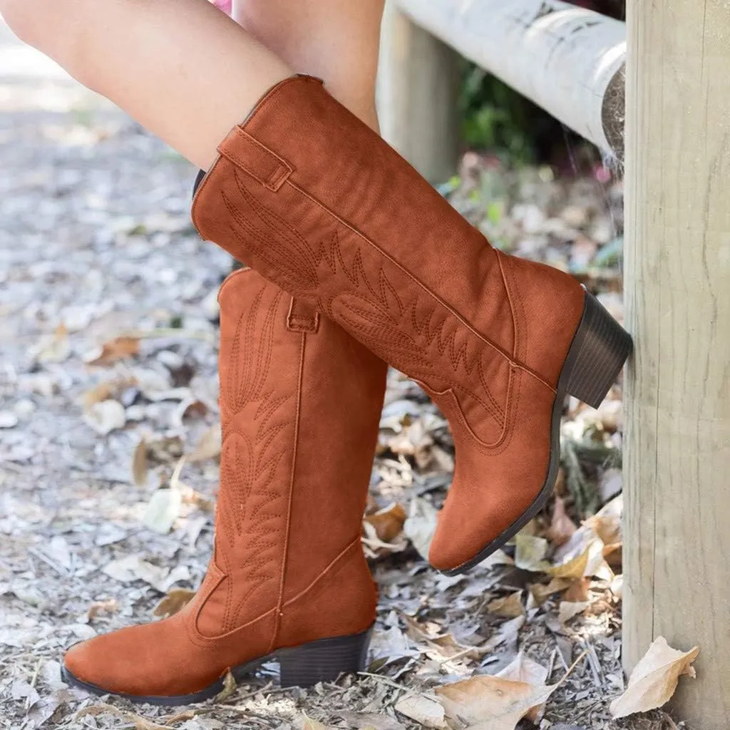 Ankle Boots For Women Casual Embroidery Cowboy Boots Pointed Thigh High Boots Low Block Heel Knee High Boots