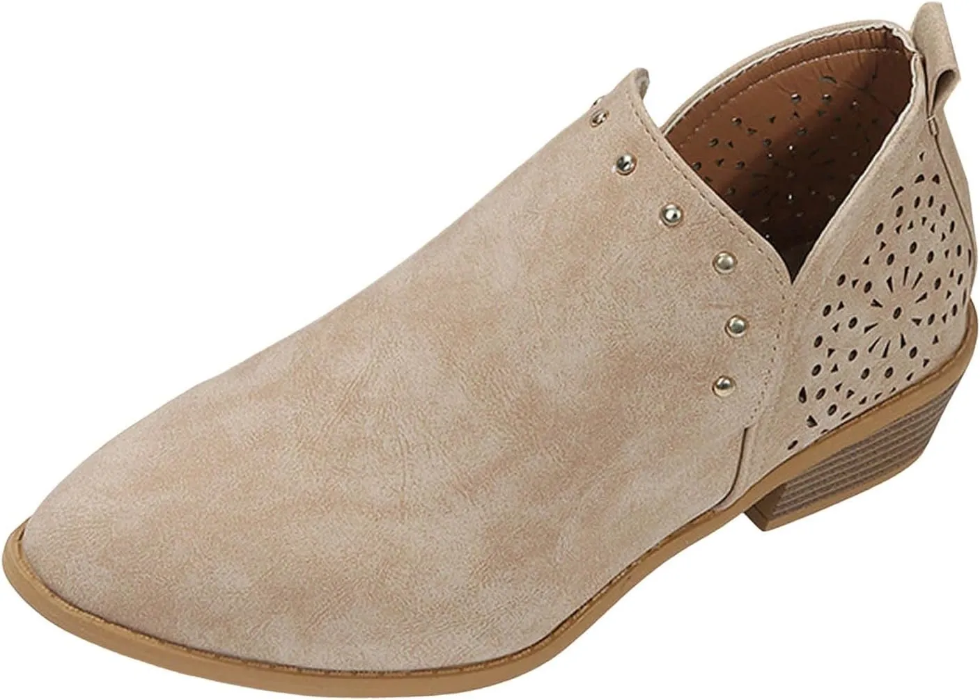 Ankle Boots for Women Low Heel Slip On Short Chunky Stacked Heel V Cut Western Booties Cutout Perforated Casual Shoes