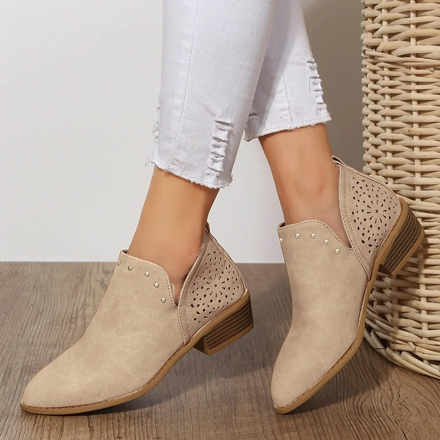 Ankle Boots for Women Low Heel Slip On Short Chunky Stacked Heel V Cut Western Booties Cutout Perforated Casual Shoes