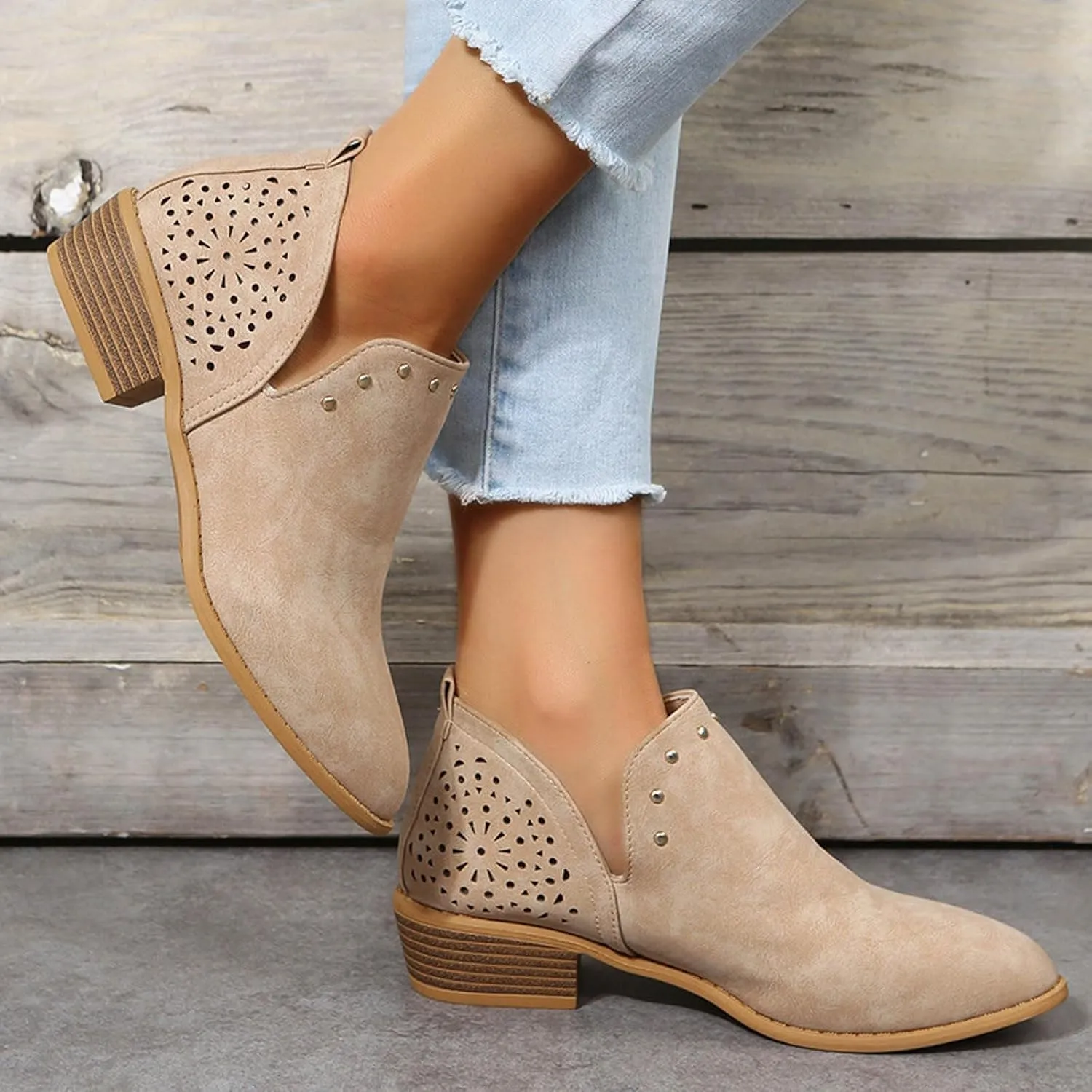 Ankle Boots for Women Low Heel Slip On Short Chunky Stacked Heel V Cut Western Booties Cutout Perforated Casual Shoes