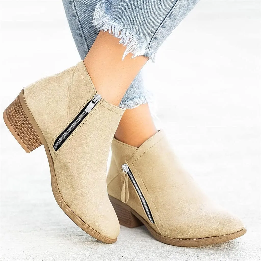 Ankle Boots for Women Low Heels,Womens V Cut Ankle Booties Pointed Toe Chunky Heel Western Chelsea Booties Fashion Side Zipper Dressy Boots Slip On Fall Short Boots Shoes Comfy