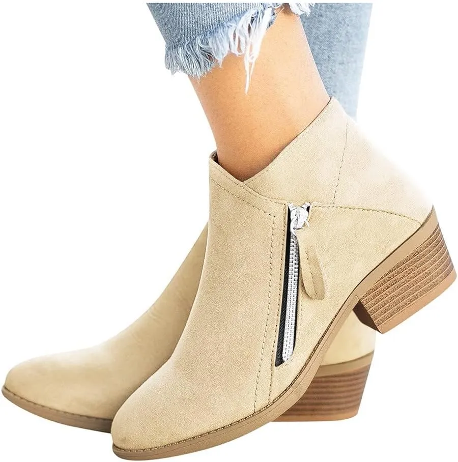 Ankle Boots for Women Low Heels,Womens V Cut Ankle Booties Pointed Toe Chunky Heel Western Chelsea Booties Fashion Side Zipper Dressy Boots Slip On Fall Short Boots Shoes Comfy