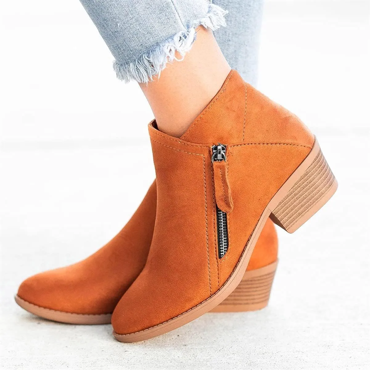 Ankle Boots for Women Low Heels,Womens V Cut Ankle Booties Pointed Toe Chunky Heel Western Chelsea Booties Fashion Side Zipper Dressy Boots Slip On Fall Short Boots Shoes Comfy