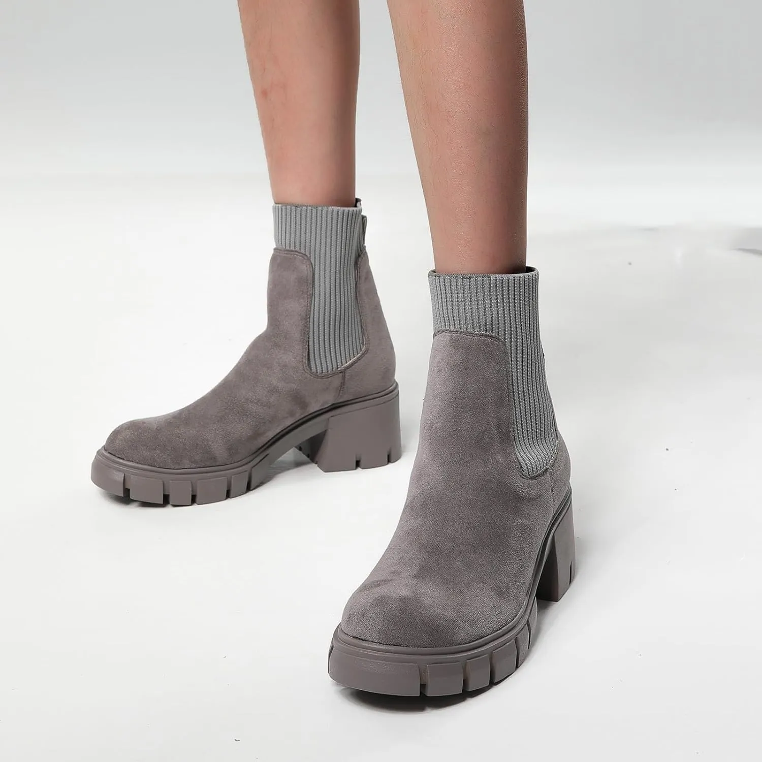 Ankle Boots for Women, Women's Fashion Elastic Chunky Block Heel Chelsea Boots Platform Sole Non-Slip Combat Ankle Booties
