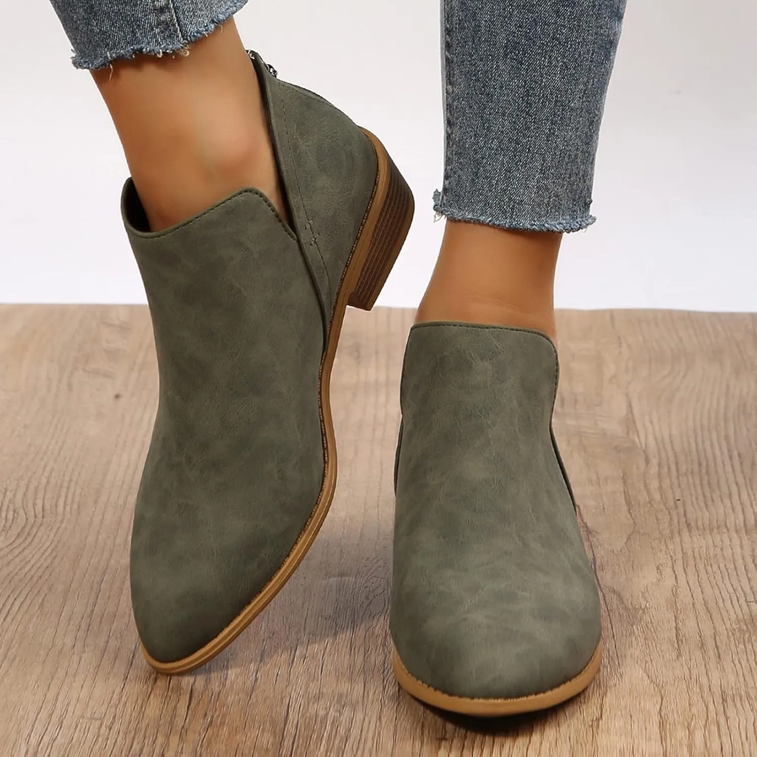 Ankle Boots for Women,Women's Low Heeled Booties Fashion Thick Heel Pointed Toe V Cutout Western Booties Back Zipper Chelsea Boots Slip On Booties Cut Out Shoes with Arch Support