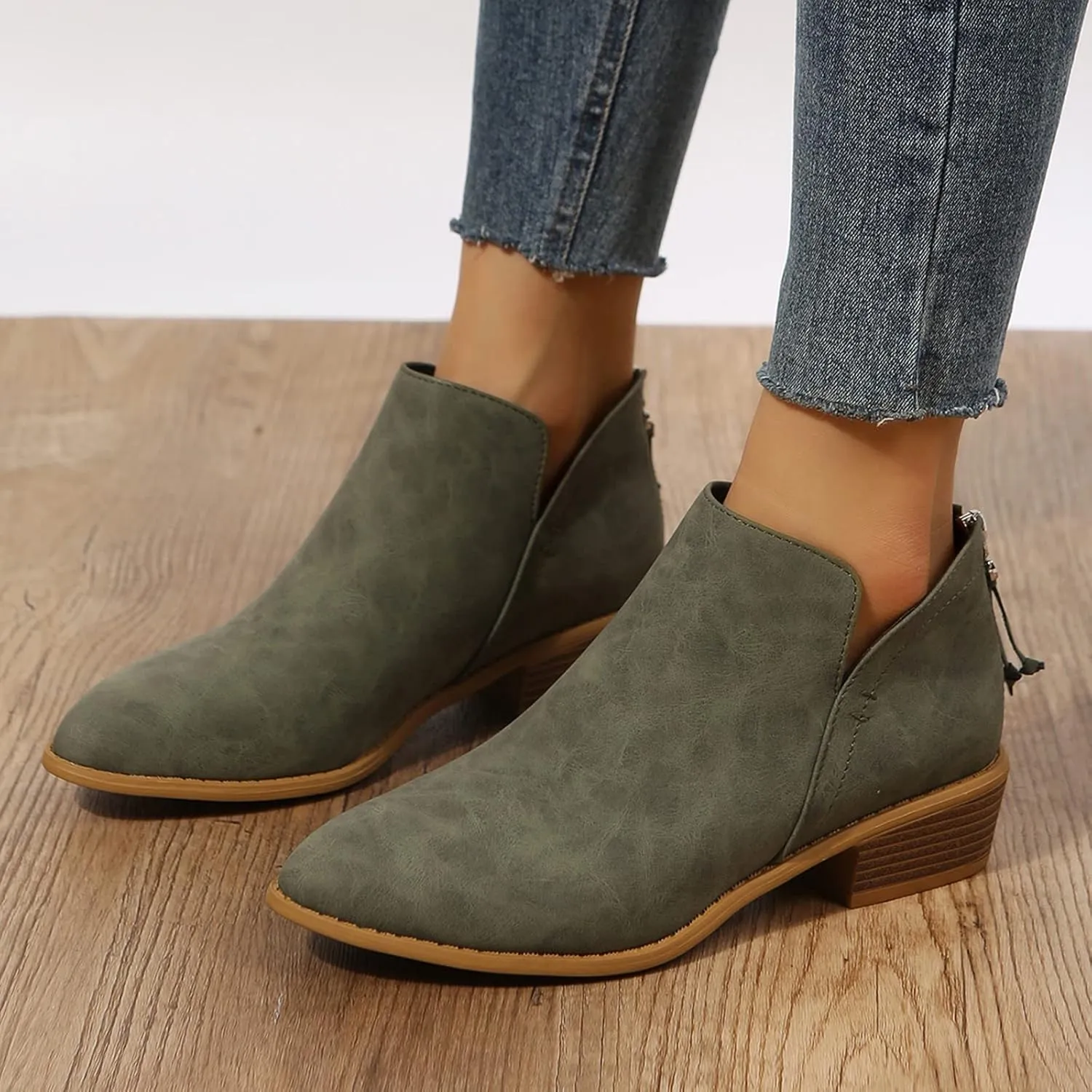 Ankle Boots for Women,Women's Low Heeled Booties Fashion Thick Heel Pointed Toe V Cutout Western Booties Back Zipper Chelsea Boots Slip On Booties Cut Out Shoes with Arch Support