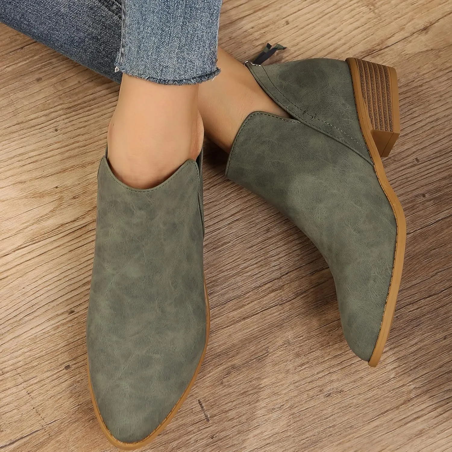 Ankle Boots for Women,Women's Low Heeled Booties Fashion Thick Heel Pointed Toe V Cutout Western Booties Back Zipper Chelsea Boots Slip On Booties Cut Out Shoes with Arch Support