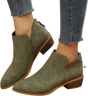 Ankle Boots for Women,Women's Low Heeled Booties Fashion Thick Heel Pointed Toe V Cutout Western Booties Back Zipper Chelsea Boots Slip On Booties Cut Out Shoes with Arch Support