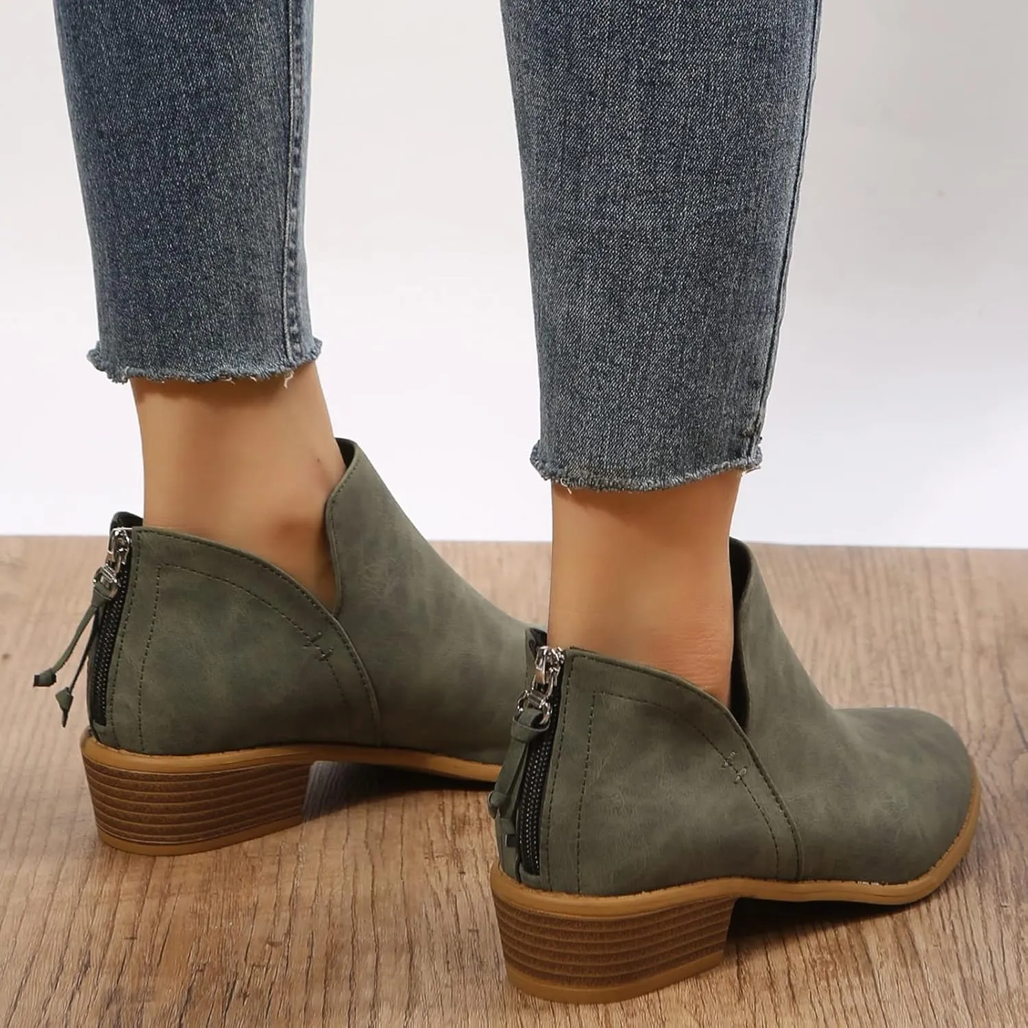 Ankle Boots for Women,Women's Low Heeled Booties Fashion Thick Heel Pointed Toe V Cutout Western Booties Back Zipper Chelsea Boots Slip On Booties Cut Out Shoes with Arch Support
