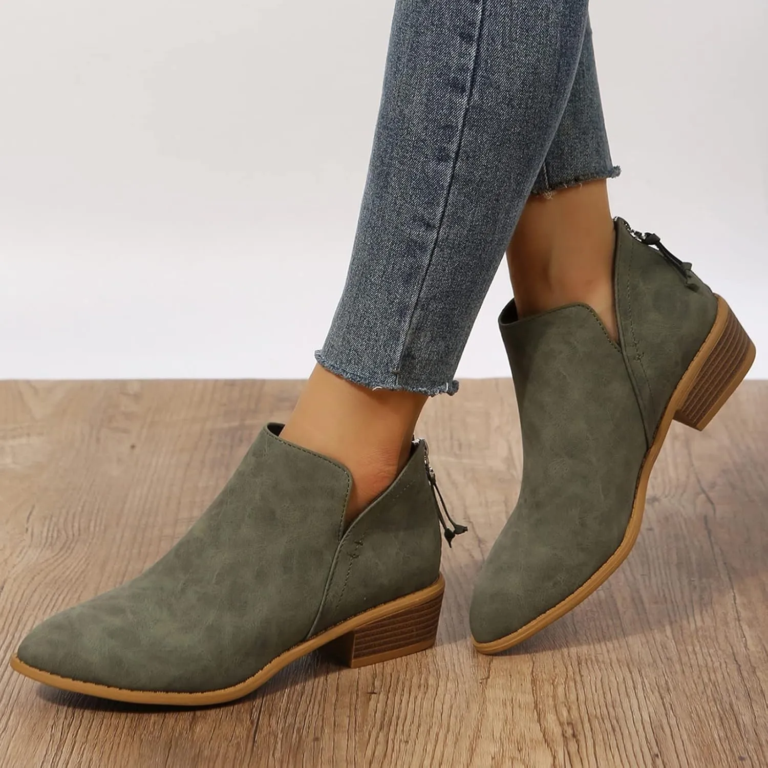 Ankle Boots for Women,Women's Low Heeled Booties Fashion Thick Heel Pointed Toe V Cutout Western Booties Back Zipper Chelsea Boots Slip On Booties Cut Out Shoes with Arch Support