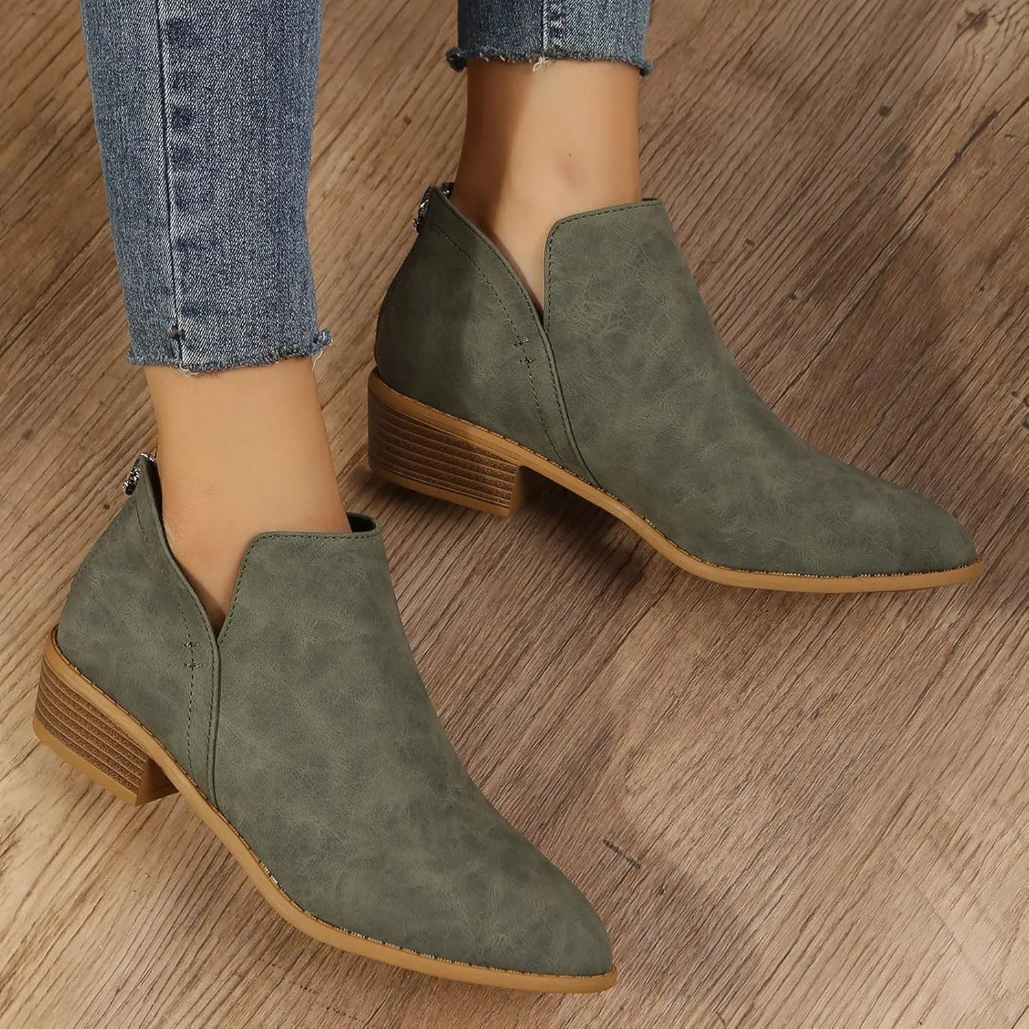 Ankle Boots for Women,Women's Low Heeled Booties Fashion Thick Heel Pointed Toe V Cutout Western Booties Back Zipper Chelsea Boots Slip On Booties Cut Out Shoes with Arch Support