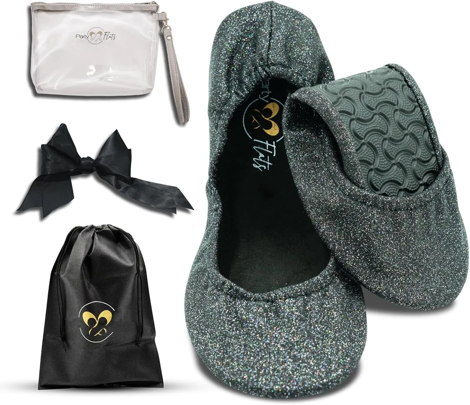 Ballet Slippers for Women | Foldable Ballerina Shoes for Purse with Heels Bag and Hair Bow | Comfortable for Travel Concert, Stylish Evening Dress | Stretchy for Wide Width and Narrow Feet