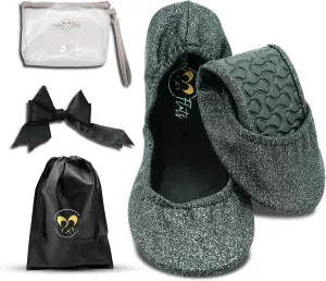 Ballet Slippers for Women | Foldable Ballerina Shoes for Purse with Heels Bag and Hair Bow | Comfortable for Travel Concert, Stylish Evening Dress | Stretchy for Wide Width and Narrow Feet