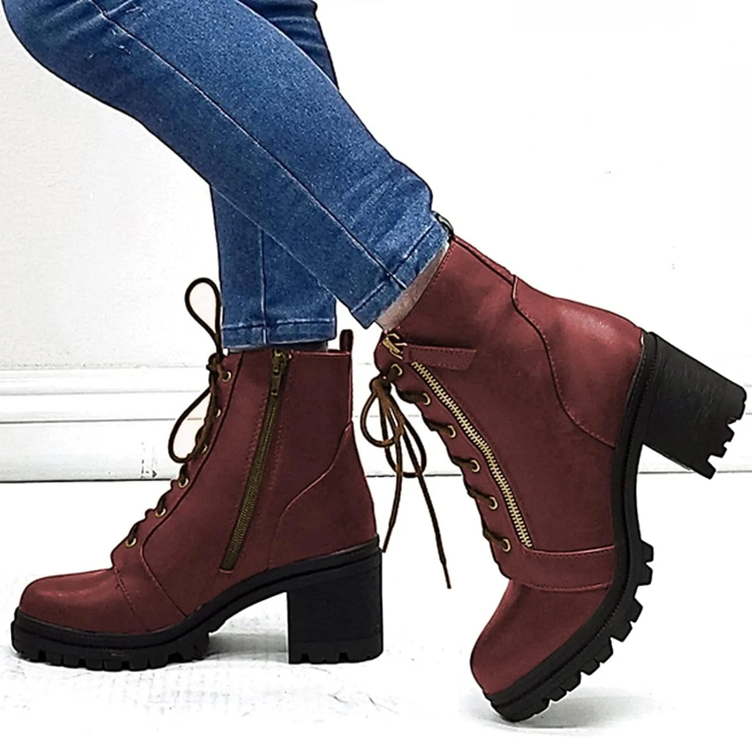 Bcshiye Ankle Boots for Women Faux Leather Lace Up Combat Boot Chunky Block Heel Mid Calf Booties Side Zipper Shoes