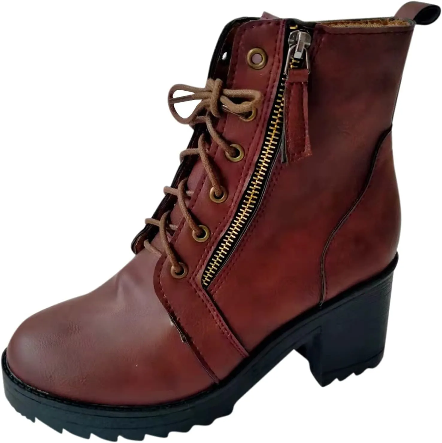 Bcshiye Ankle Boots for Women Faux Leather Lace Up Combat Boot Chunky Block Heel Mid Calf Booties Side Zipper Shoes