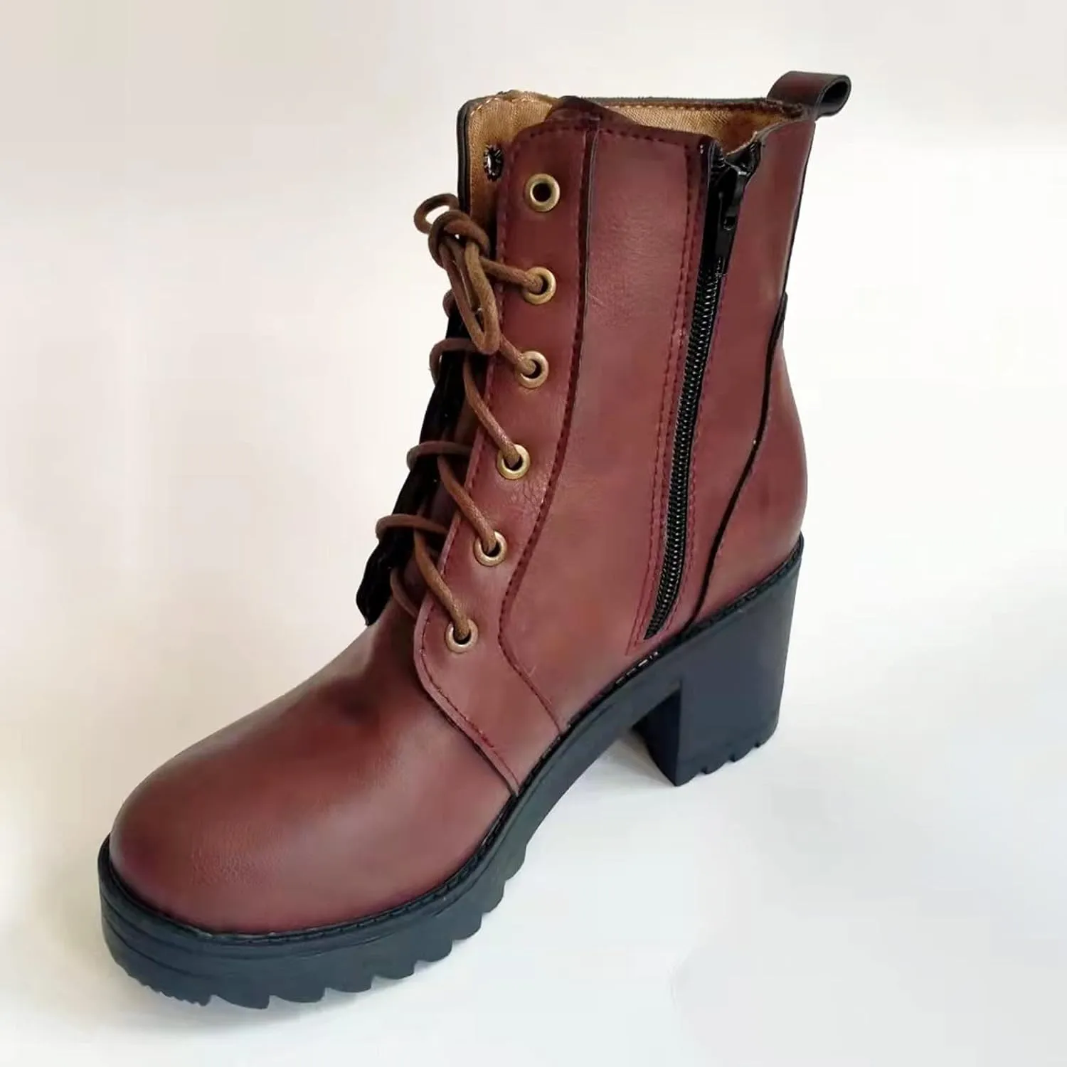 Bcshiye Ankle Boots for Women Faux Leather Lace Up Combat Boot Chunky Block Heel Mid Calf Booties Side Zipper Shoes