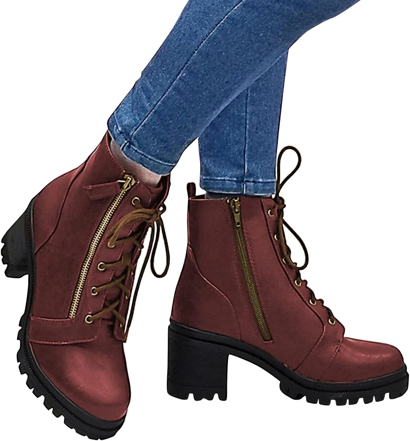 Bcshiye Ankle Boots for Women Faux Leather Lace Up Combat Boot Chunky Block Heel Mid Calf Booties Side Zipper Shoes