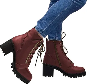 Bcshiye Ankle Boots for Women Faux Leather Lace Up Combat Boot Chunky Block Heel Mid Calf Booties Side Zipper Shoes