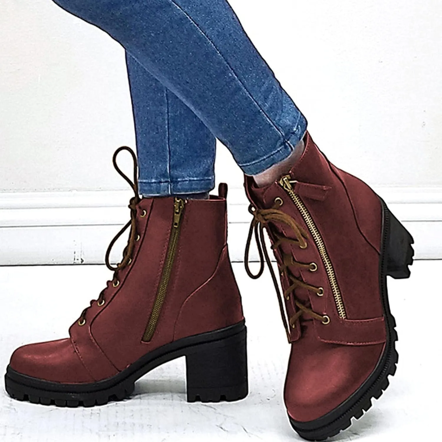 Bcshiye Ankle Boots for Women Faux Leather Lace Up Combat Boot Chunky Block Heel Mid Calf Booties Side Zipper Shoes