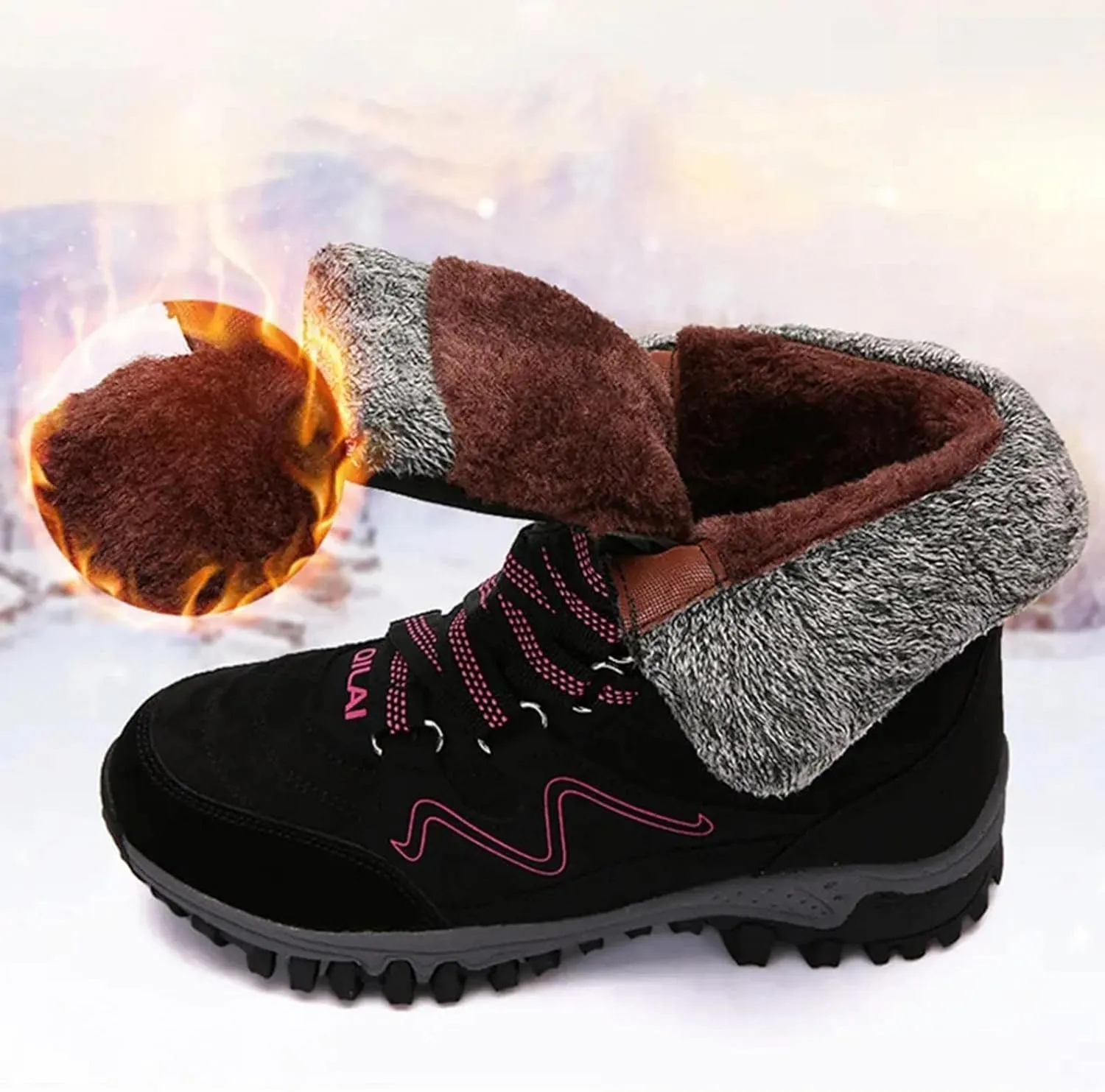 Bcshiye Womens Hiking Boots Winter Mid Calf Snow Boots Warm Ankle Booties Outdoor Hiking Climbing Shoes with Fur Lined