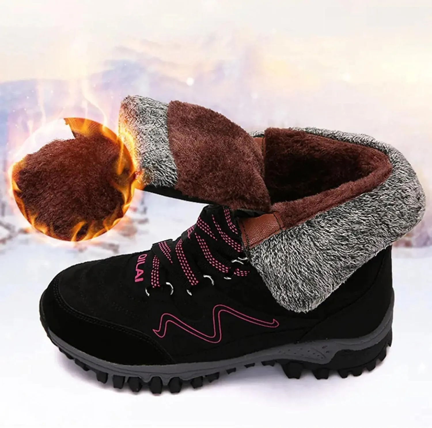 Bcshiye Womens Hiking Boots Winter Mid Calf Snow Boots Warm Ankle Booties Outdoor Hiking Climbing Shoes with Fur Lined