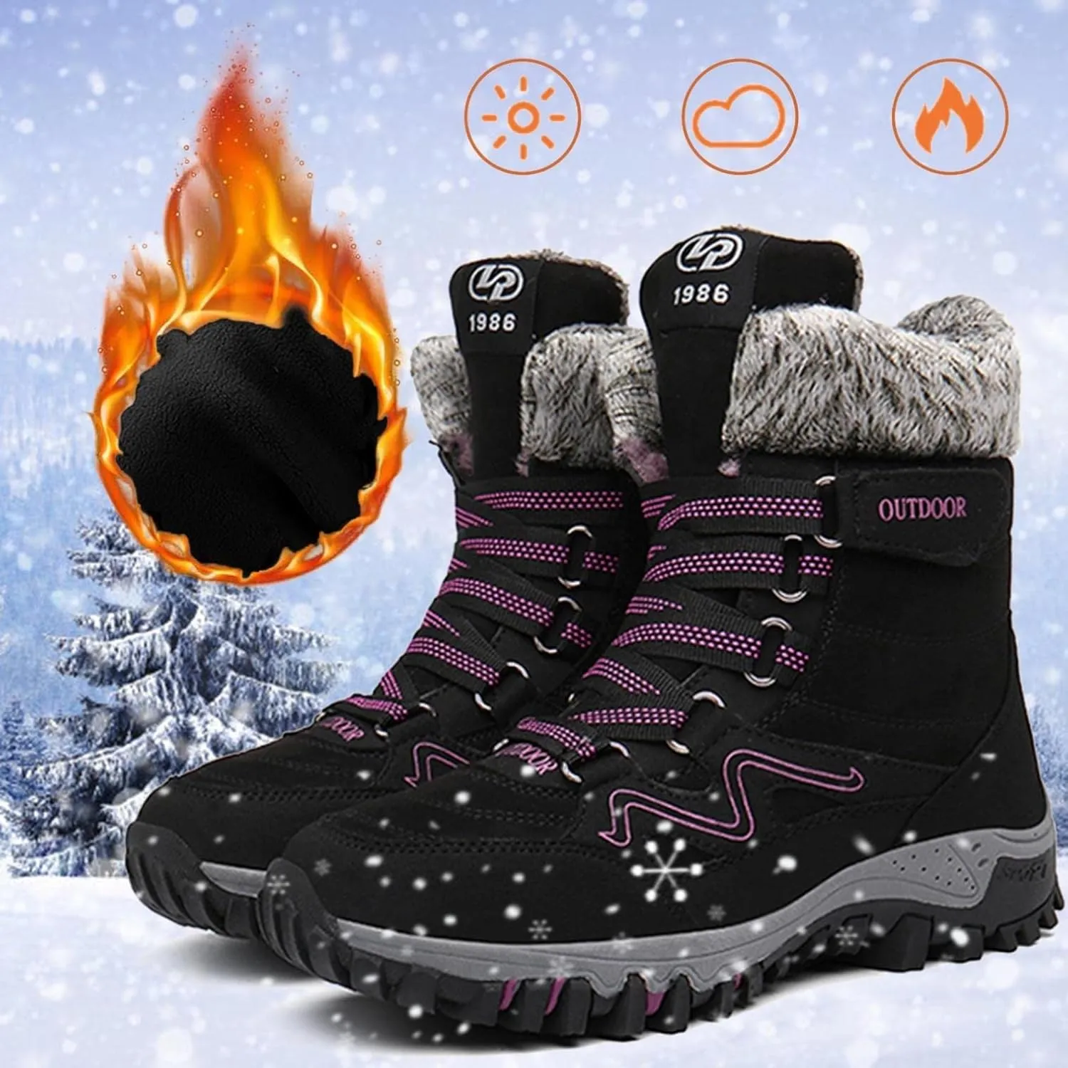 Bcshiye Womens Hiking Boots Winter Mid Calf Snow Boots Warm Ankle Booties Outdoor Hiking Climbing Shoes with Fur Lined