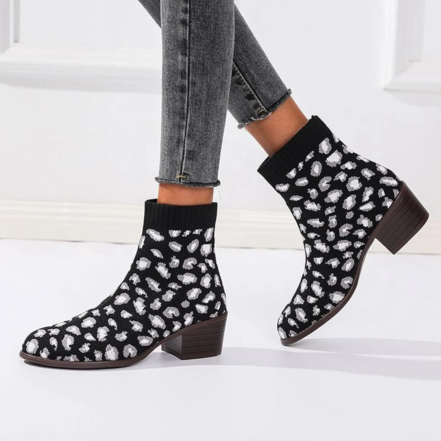 Bcshiye Women's Knitted Ankle Boots Fashion Classic Square Toe Chunky Block Low Heels Comfortable Warm Ankle Booties