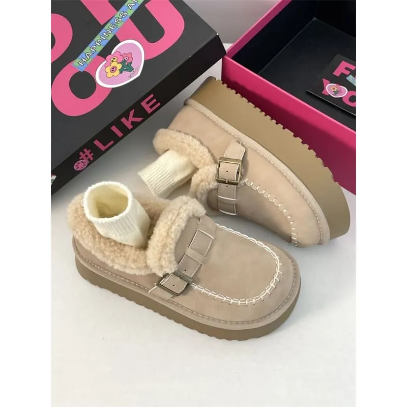 Buckled Fluffy Trim Platform Loafers