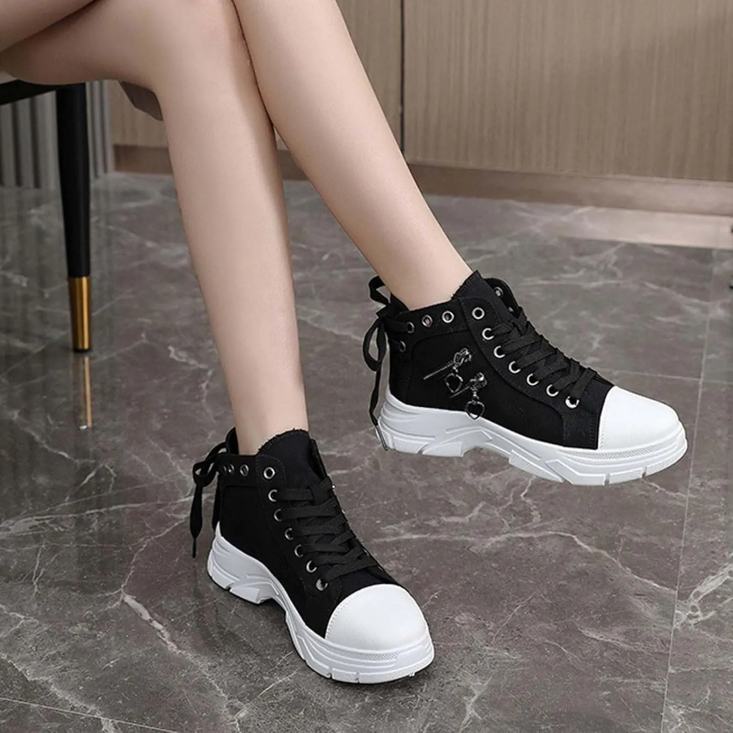Canvas Shoes for Women High Top,Lace Up Platform Sneakers Thick Sole Heightening Casual Shoes Anti-Slip Walking Shoes
