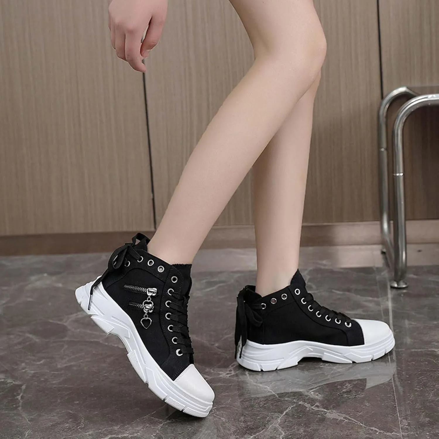 Canvas Shoes for Women High Top,Lace Up Platform Sneakers Thick Sole Heightening Casual Shoes Anti-Slip Walking Shoes