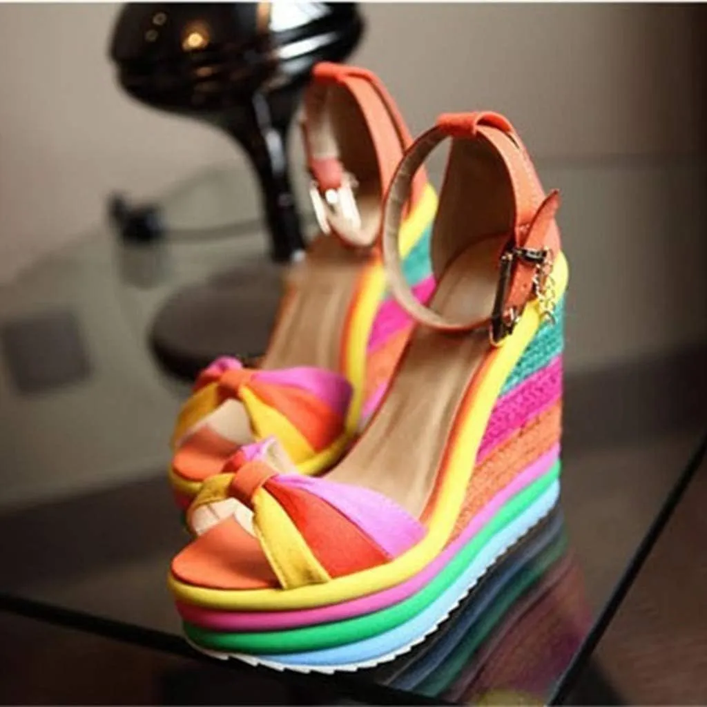 Casual Walking Wedges Toe Roman Shoes High Women's Ladies Wedges Multicolor Patchwork Sandals Women's