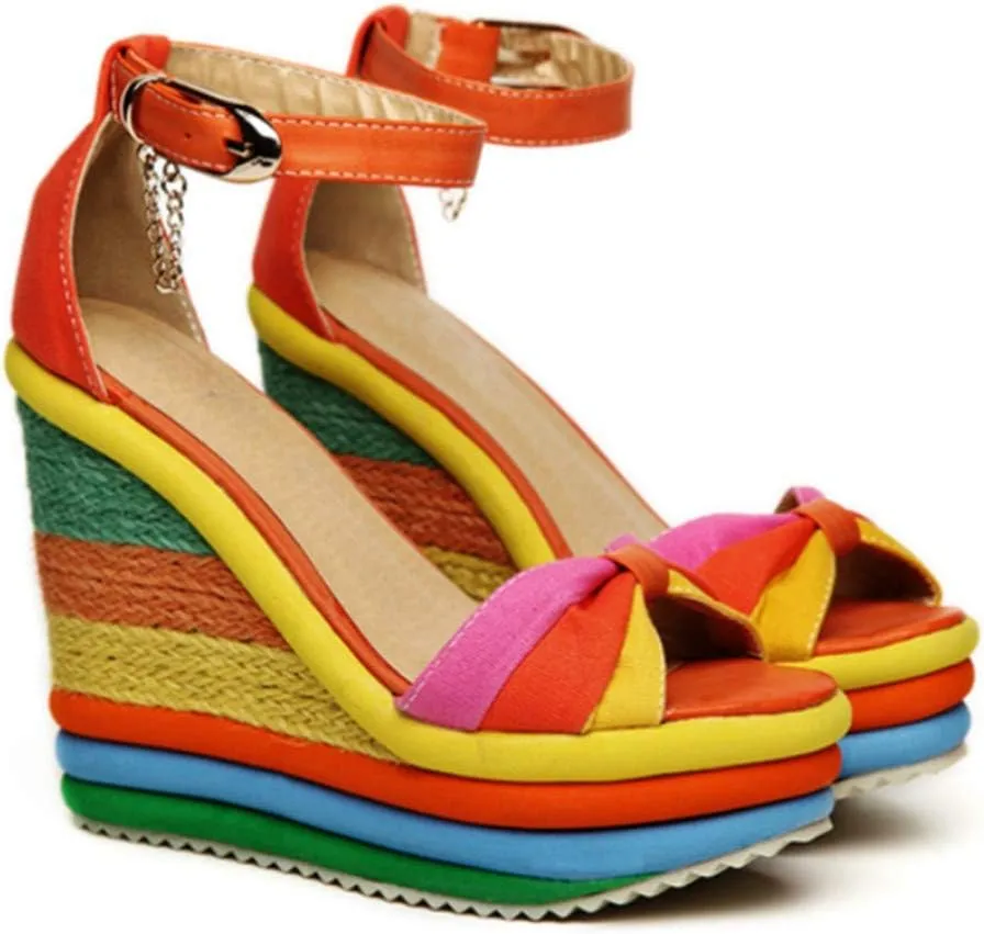 Casual Walking Wedges Toe Roman Shoes High Women's Ladies Wedges Multicolor Patchwork Sandals Women's