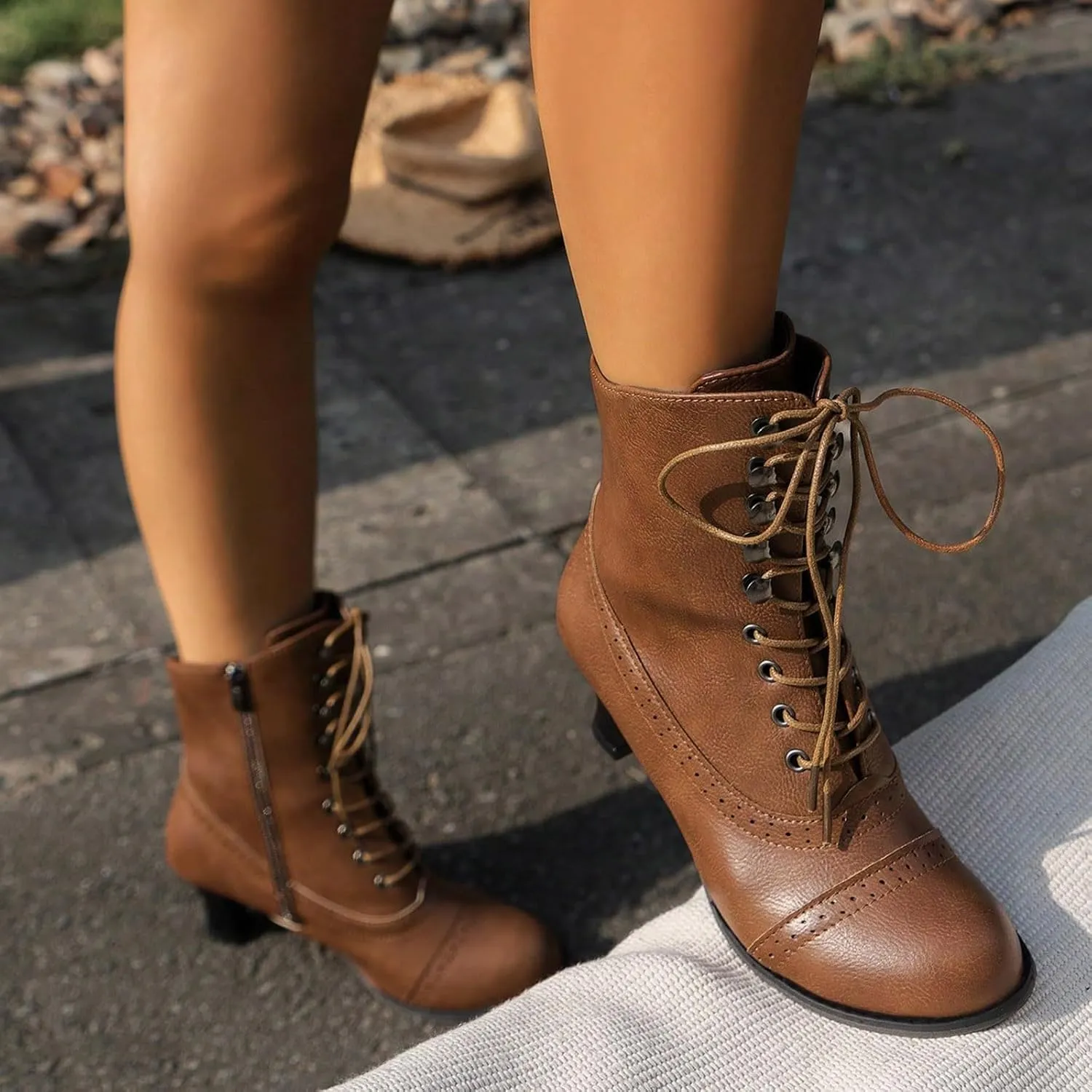 Cathalem Ankle Boots for Women High Heel Pointed Toe Ankle Boots Lace up Side Zipper Kitten Heels