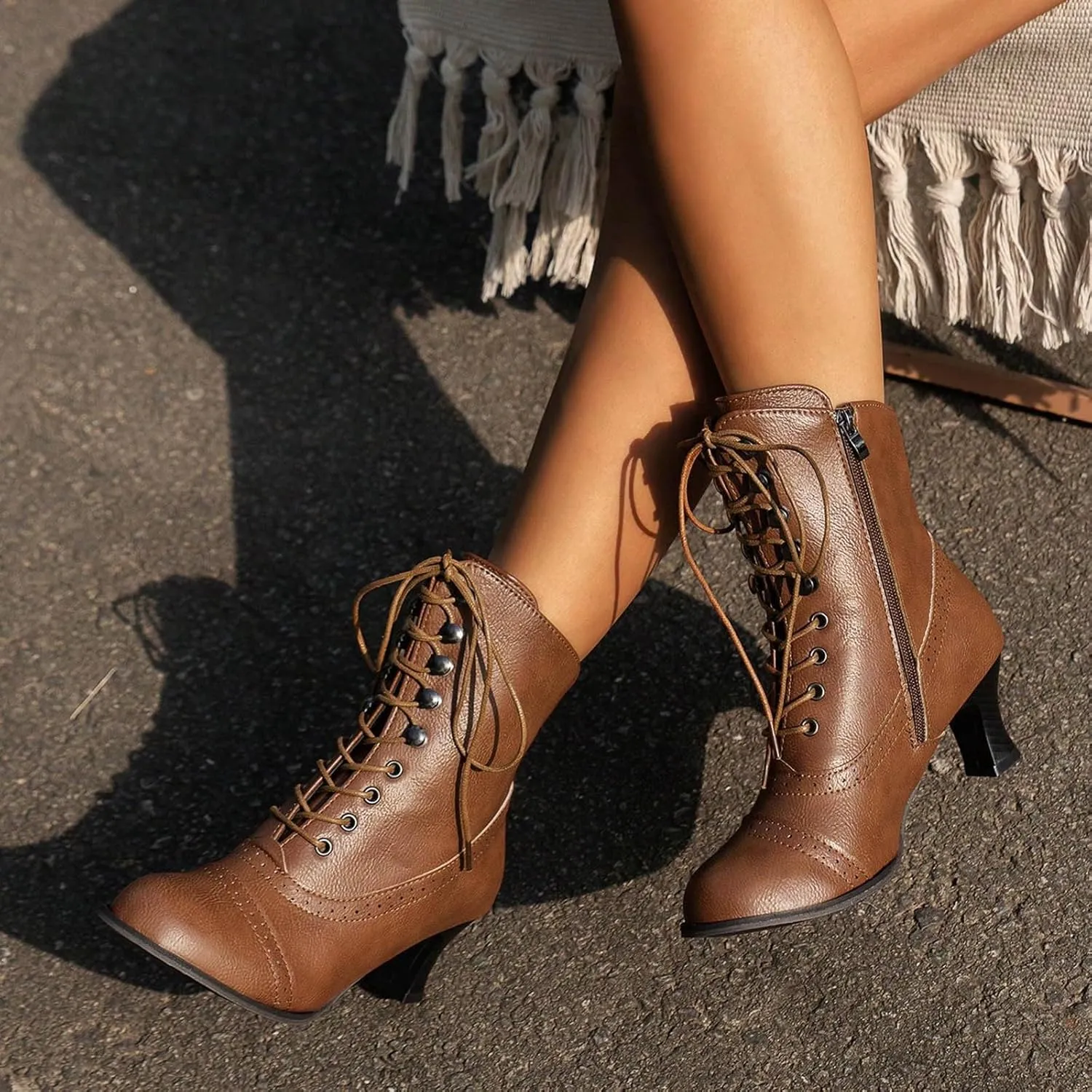 Cathalem Ankle Boots for Women High Heel Pointed Toe Ankle Boots Lace up Side Zipper Kitten Heels