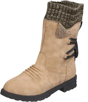 Cathalem Boots for Women Knee-High Boots Comfortable Chunky Block Heel Pointed Toe Pull On Side Zipper Lace Up Riding Boots