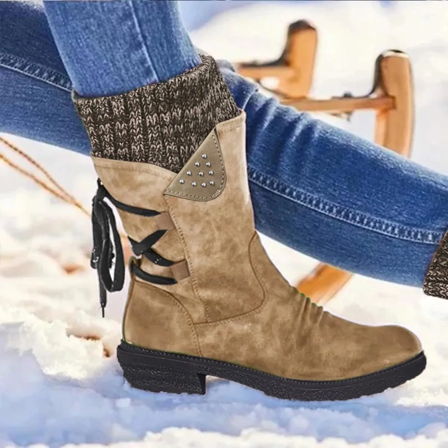 Cathalem Boots for Women Knee-High Boots Comfortable Chunky Block Heel Pointed Toe Pull On Side Zipper Lace Up Riding Boots