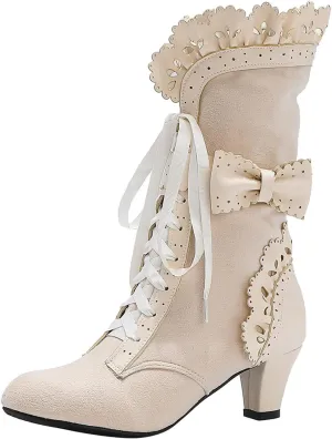Cathalem Halloween Boots for Women Women Vintage Victorian Boots 70s Lace Up Mid Calf Renaissance Boots Fall Winter Boots