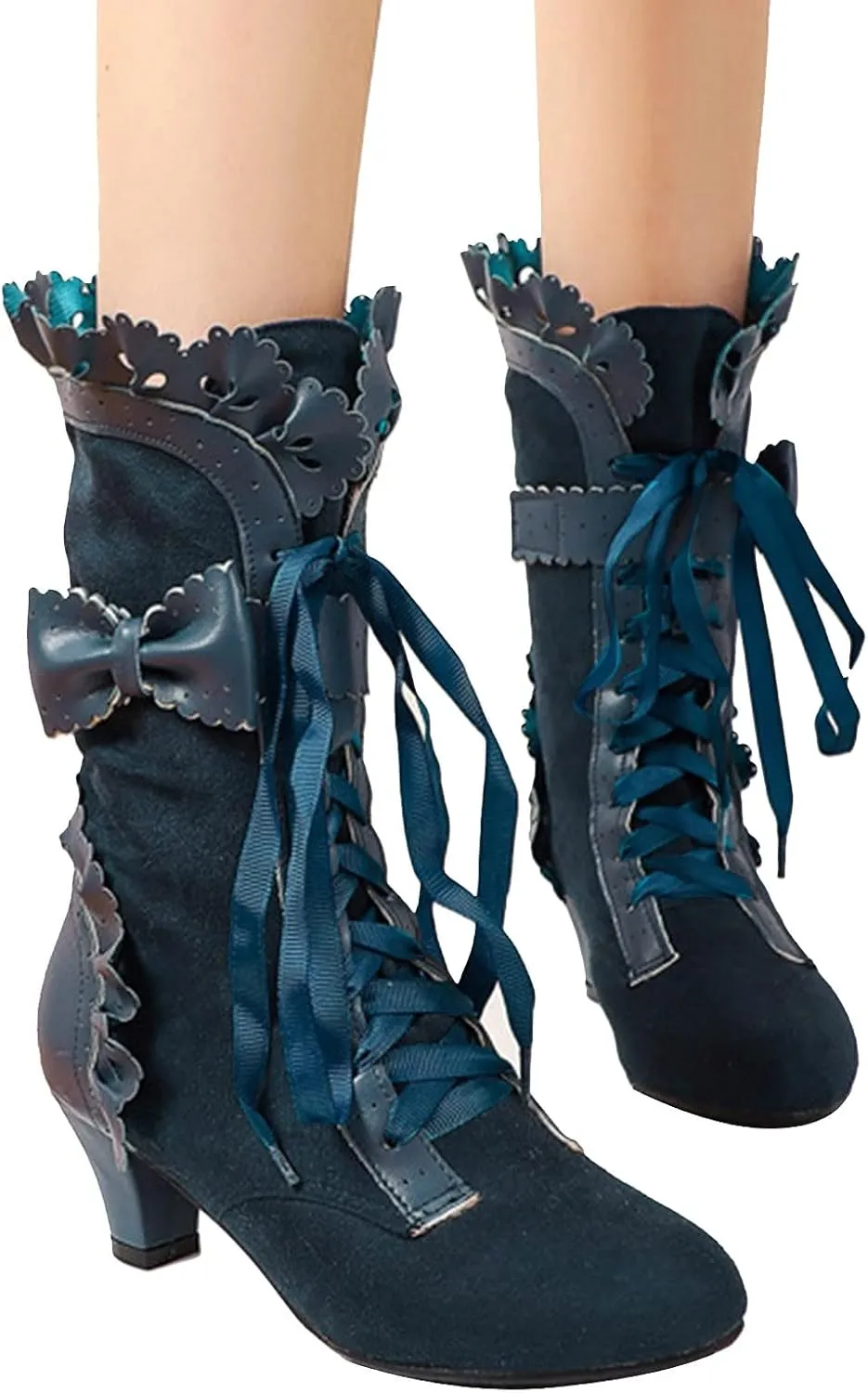 Cathalem Halloween Boots for Women Women Vintage Victorian Boots 70s Lace Up Mid Calf Renaissance Boots Fall Winter Boots