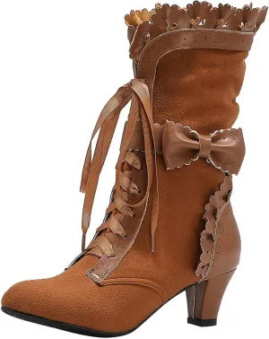 Cathalem Halloween Boots for Women Women Vintage Victorian Boots 70s Lace Up Mid Calf Renaissance Boots Fall Winter Boots