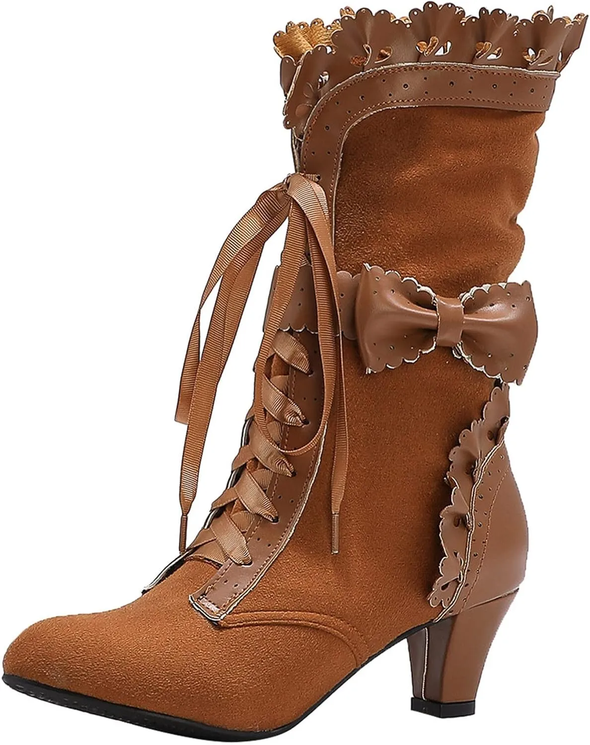 Cathalem Victoria Boots for Women Halloween Lace High Heels Punk Mid Calf Booties Round Toe Suede Lace Up Vintage Boots