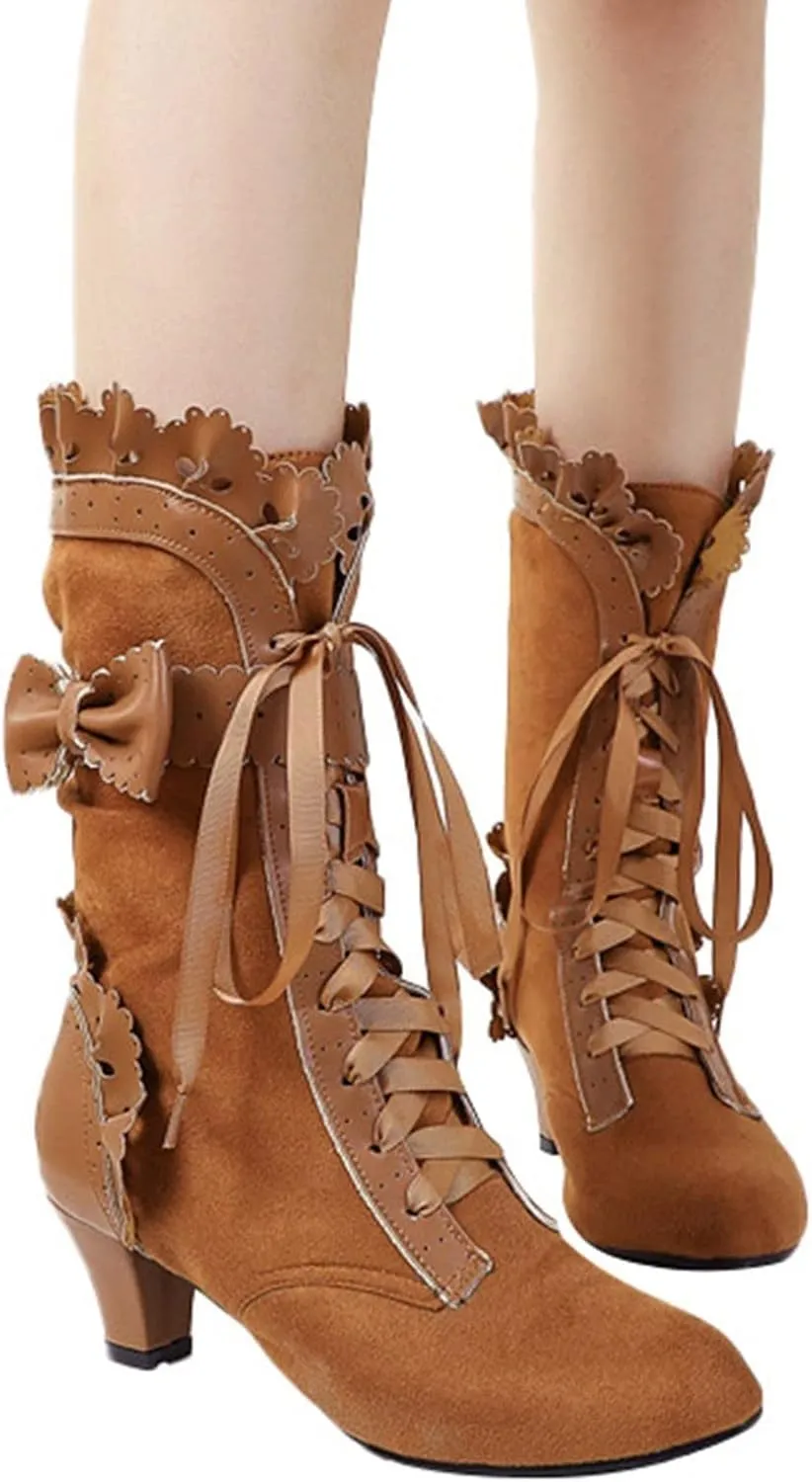 Cathalem Victoria Boots for Women Halloween Lace High Heels Punk Mid Calf Booties Round Toe Suede Lace Up Vintage Boots