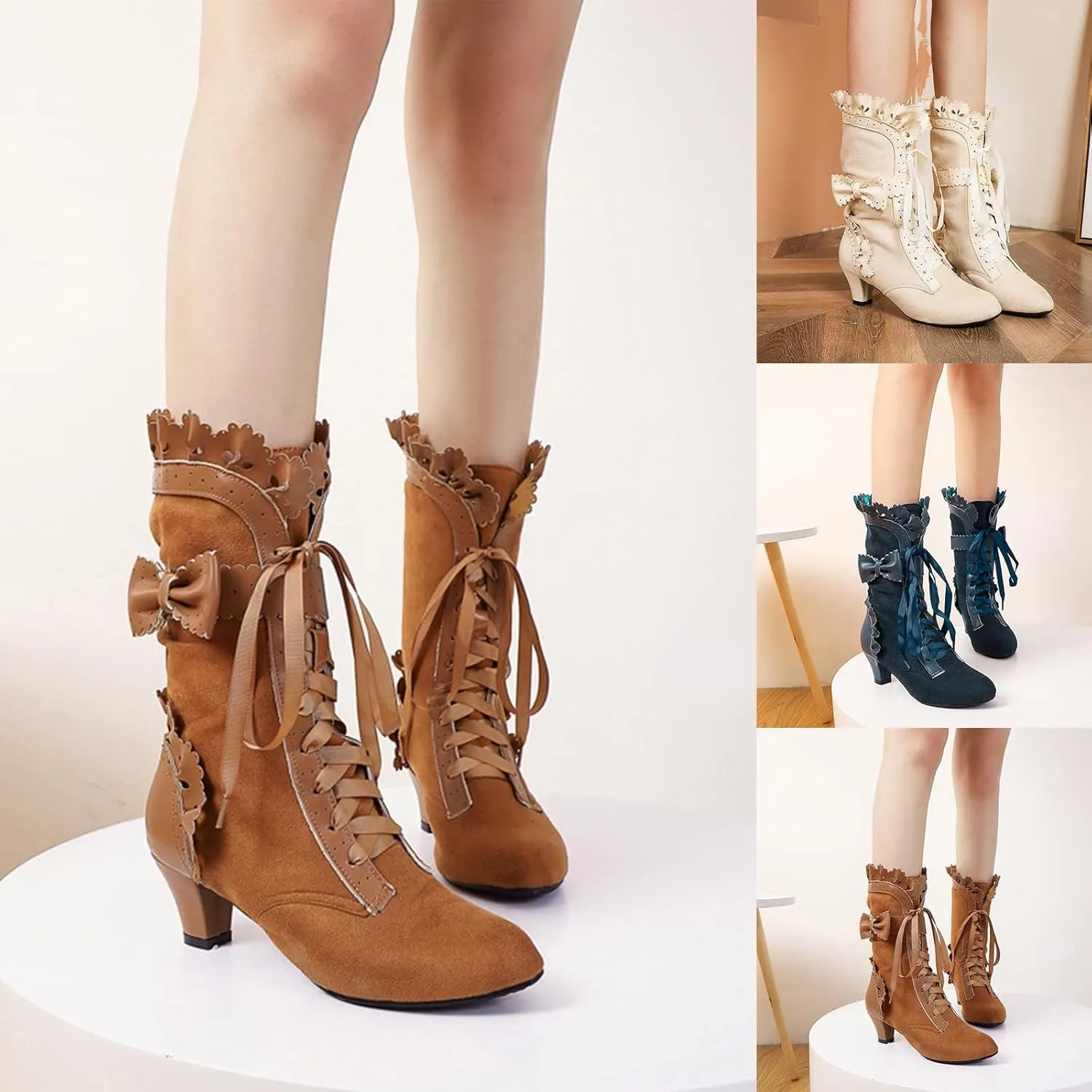 Cathalem Victoria Boots for Women Halloween Lace High Heels Punk Mid Calf Booties Round Toe Suede Lace Up Vintage Boots