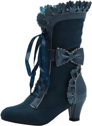 Cathalem Victoria Boots for Women Halloween Lace High Heels Punk Mid Calf Booties Round Toe Suede Lace Up Vintage Boots