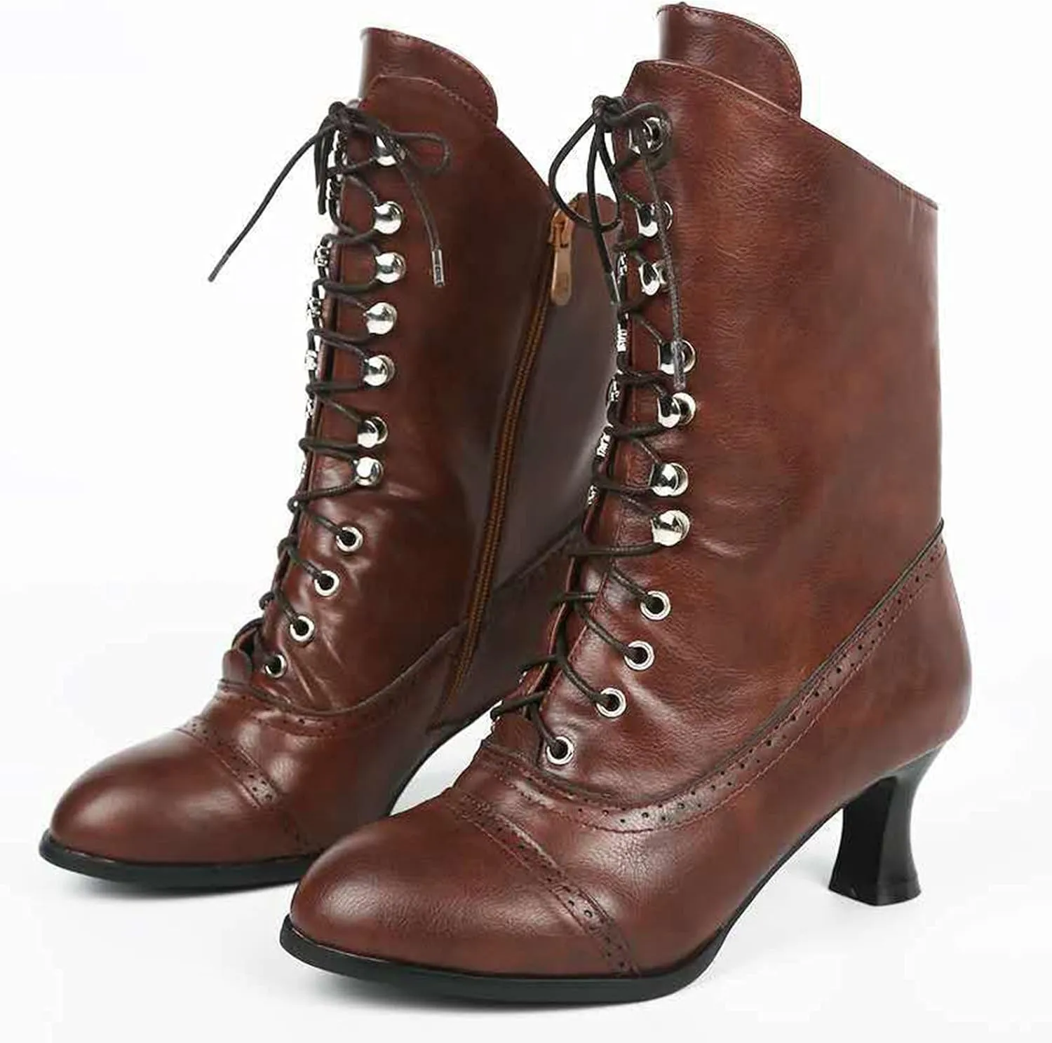 Cathalem Victorian Mid Calf Boots for Women Western Cowboy Boots Lace Up Ankle Booties Comfy Walking Dressy Shoes