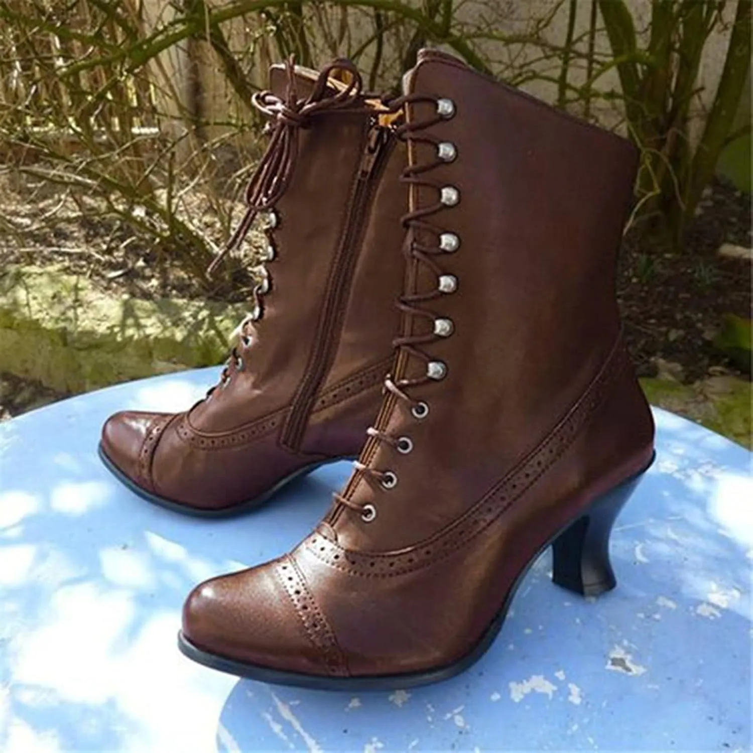Cathalem Victorian Mid Calf Boots for Women Western Cowboy Boots Lace Up Ankle Booties Comfy Walking Dressy Shoes