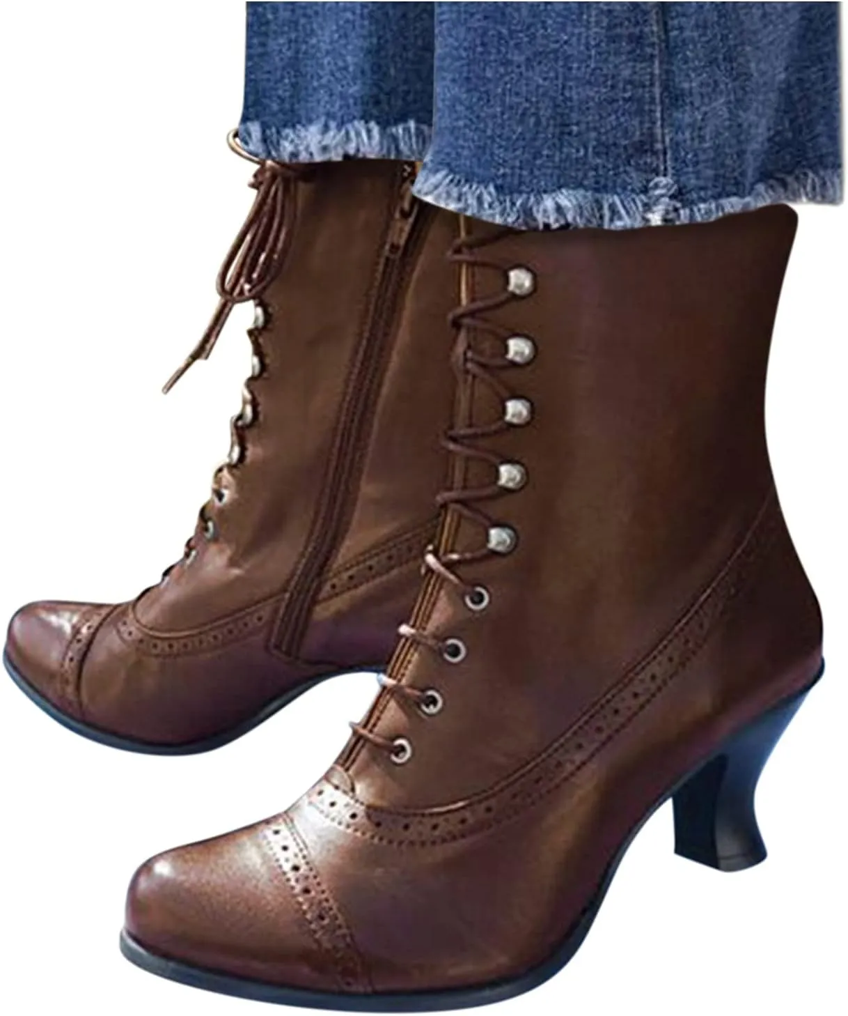 Cathalem Victorian Mid Calf Boots for Women Western Cowboy Boots Lace Up Ankle Booties Comfy Walking Dressy Shoes