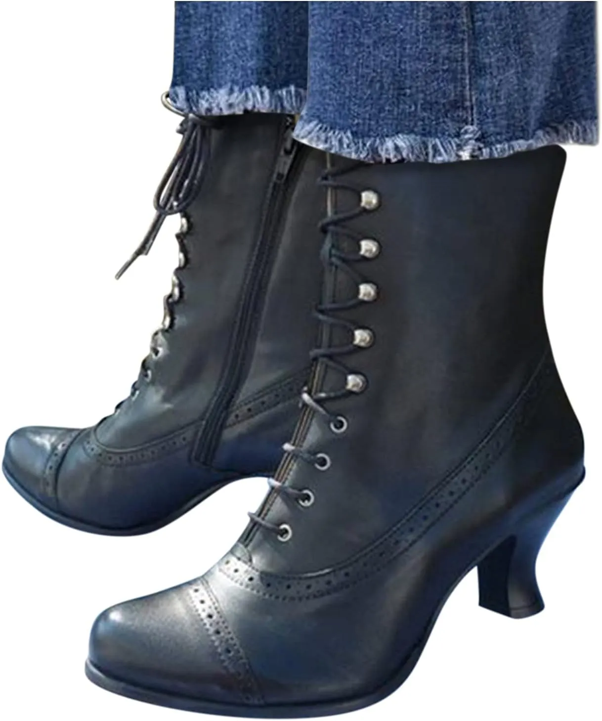 Cathalem Victorian Mid Calf Boots for Women Western Cowboy Boots Lace Up Ankle Booties Comfy Walking Dressy Shoes