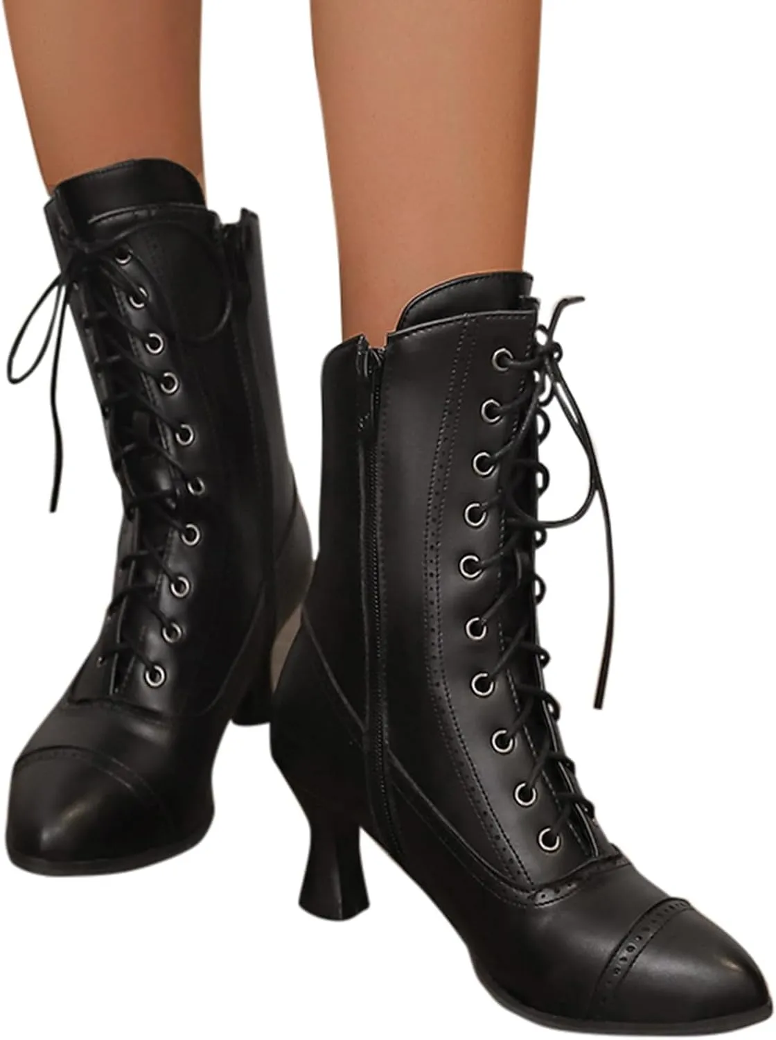 Cathalem Western Cowboy Boots for Women, Kitten Heel Victorian Mid Calf Boot Lace Up Ankle Booties Comfy Walking Dressy Shoes