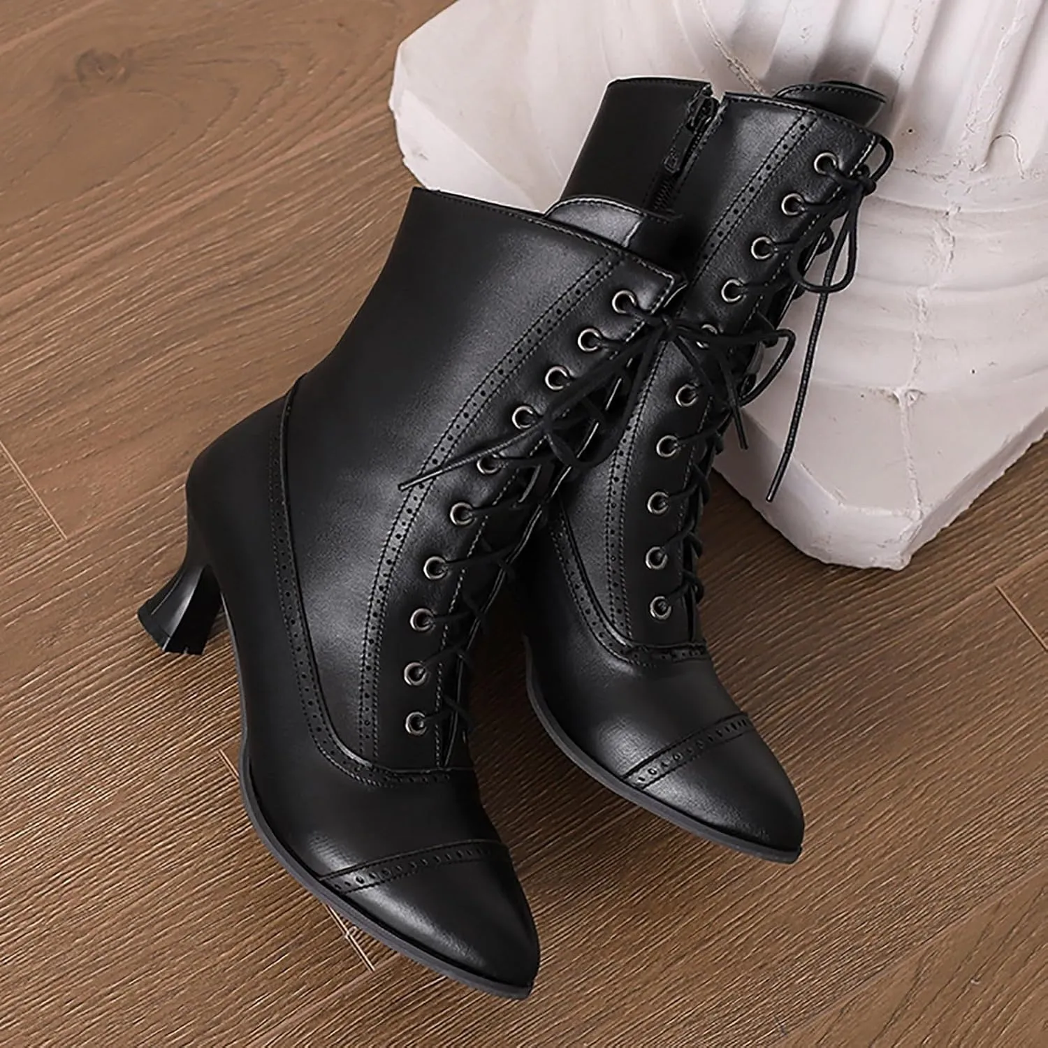 Cathalem Western Cowboy Boots for Women, Kitten Heel Victorian Mid Calf Boot Lace Up Ankle Booties Comfy Walking Dressy Shoes