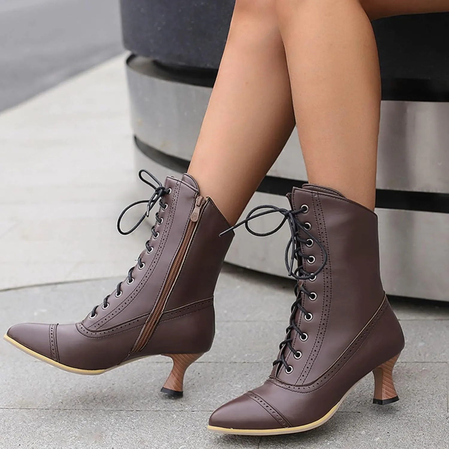 Cathalem Western Cowboy Boots for Women, Kitten Heel Victorian Mid Calf Boot Lace Up Ankle Booties Comfy Walking Dressy Shoes
